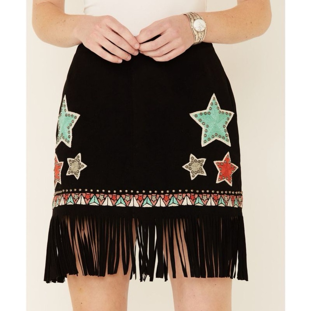 Double D Ranch Embellished Star Suede Mini Skirt w/ Fringe